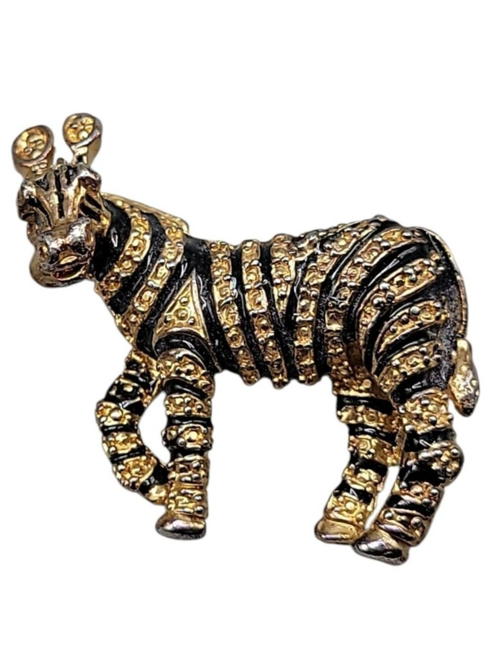 Designer Zebra Brooch Gold Tone Black Enamel Strips Vintage Safari Animal Pin - Picture 1 of 7